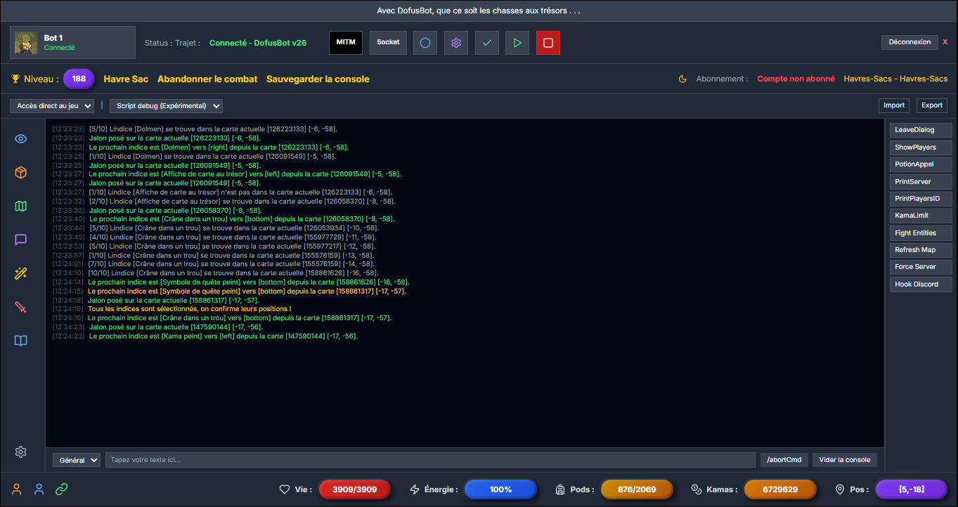 Interface AstruBot - Console de contrôle avec bot connecté, système de farming automatisé, gestion des personnages et monitoring en temps réel